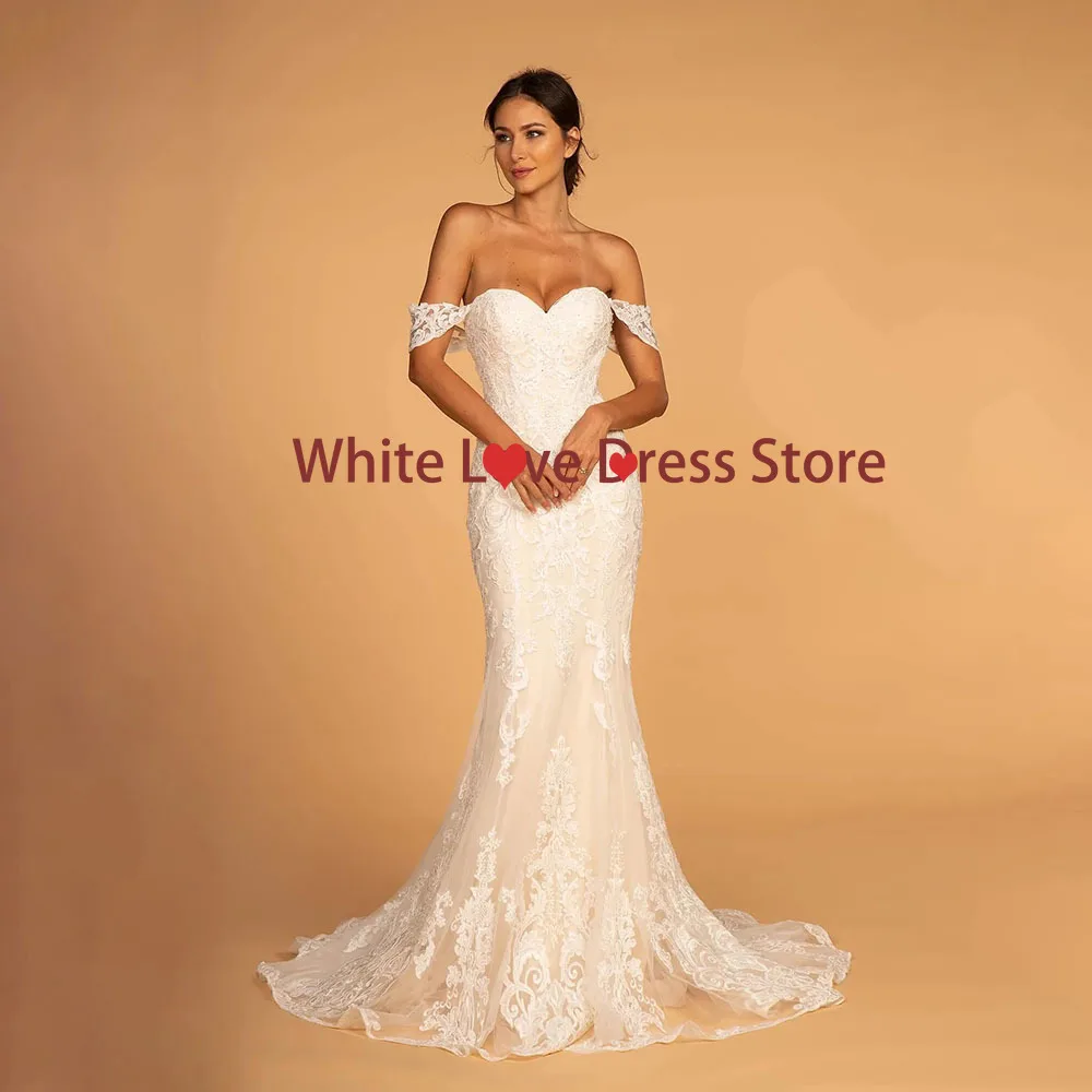 

Customized Sexy Backless Off The Shoulder Wedding Dresses with Tulle Lace Embroidery Mermaid Sweep Train Wedding Gowns Dress