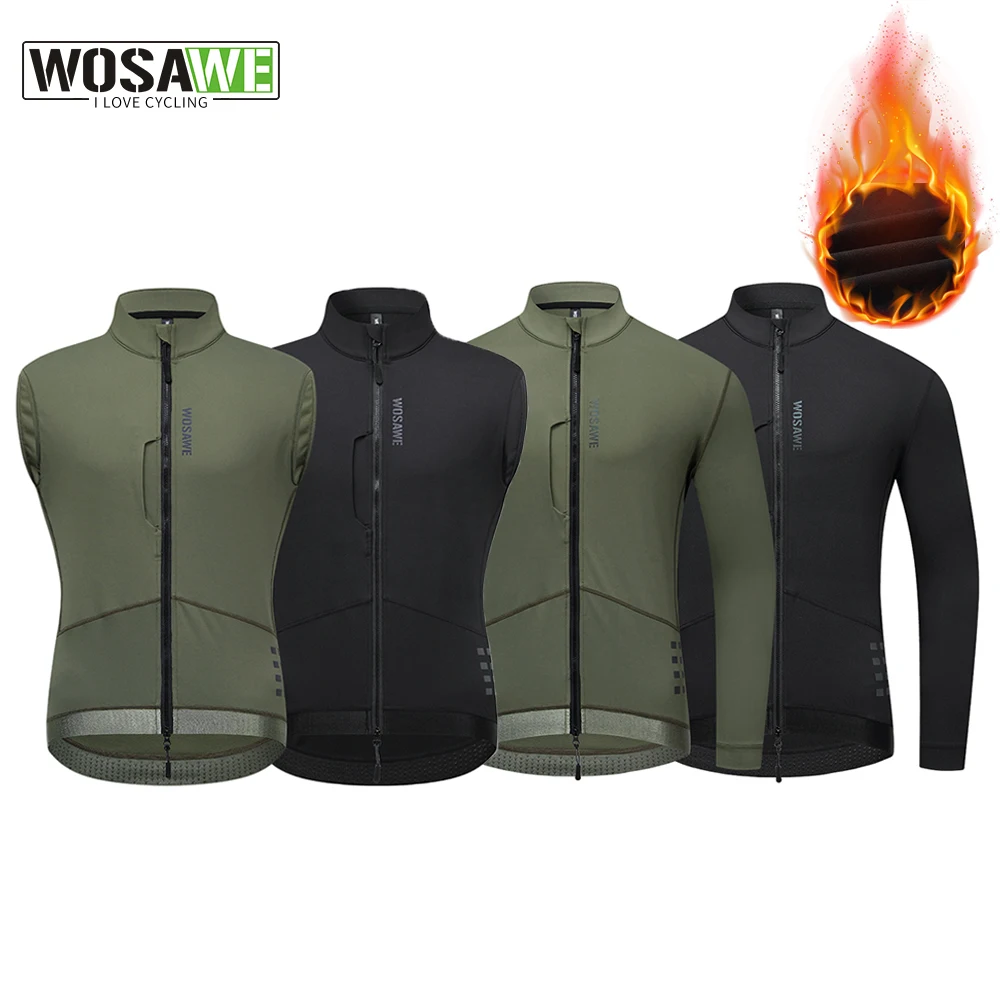 WOSAWE Men's Cycling Jersey Winter Autumn Thermal Fleece Lining Jacket Bicycle Warm Vest Road Bike Windbreaker With YKK Zipper