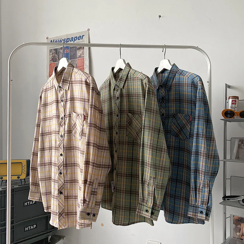 Men\'s Casual Plaid Blouses Streetwear Fashions Clothes High Quality Oversized Tops Spring Man Korean Flannel Vintage Shirts