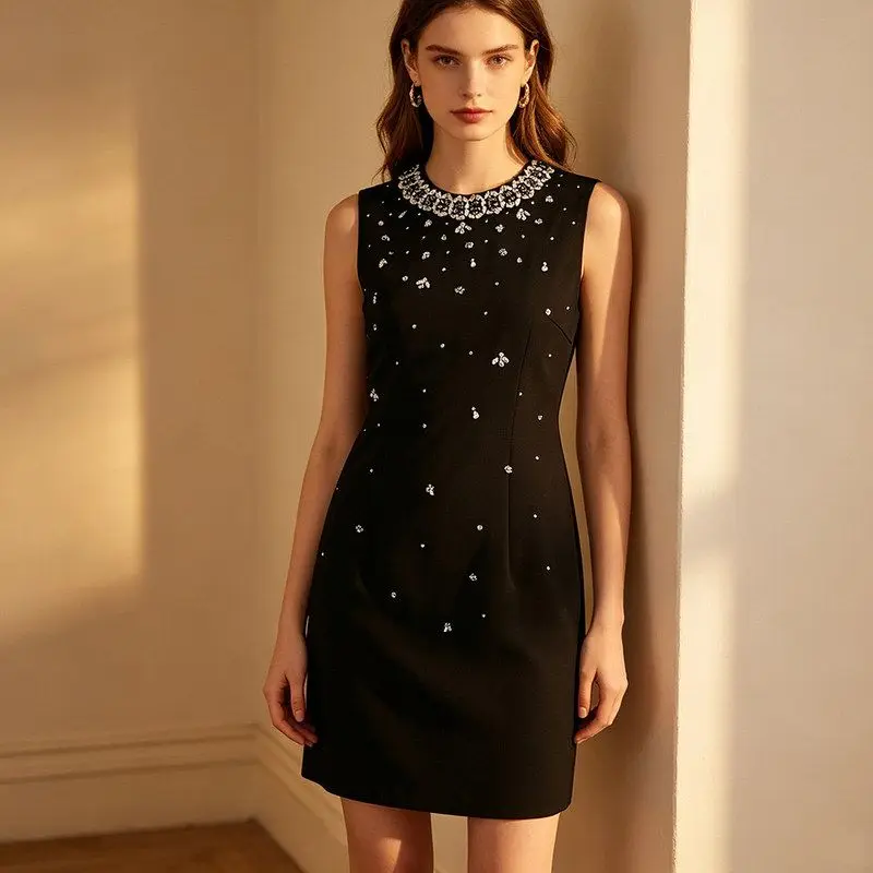 Shiny Handmade Beaded round Neck Sleeveless Slim Fit Dress Flashing Summer New Arrival Women's Commute Style Midi Dress