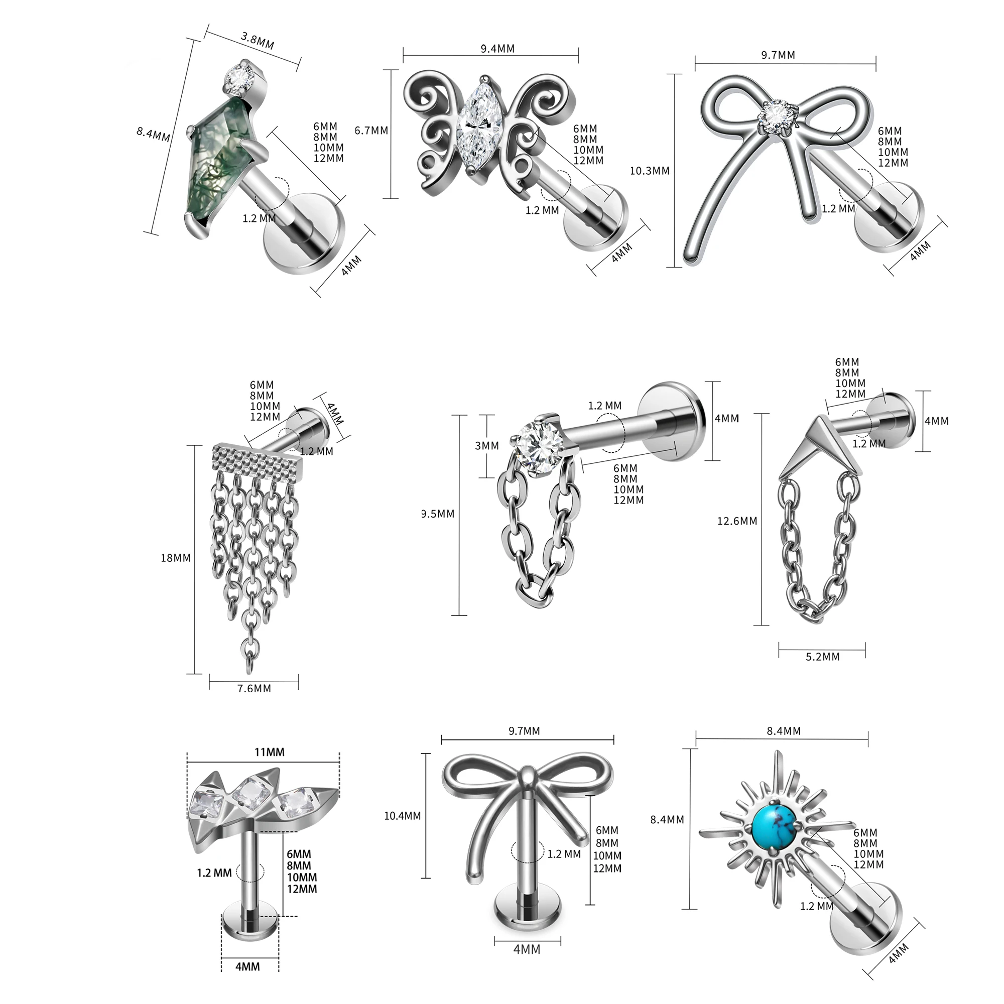 ASTM F136 Titan Kite Moss Agate Flacher Ohrstecker mit Funkelndem CZ-Schleifen-Anhänger, Sunburst Labret, Helix, Tragus, Conch Ohrstecker Schmuck – Detail 1