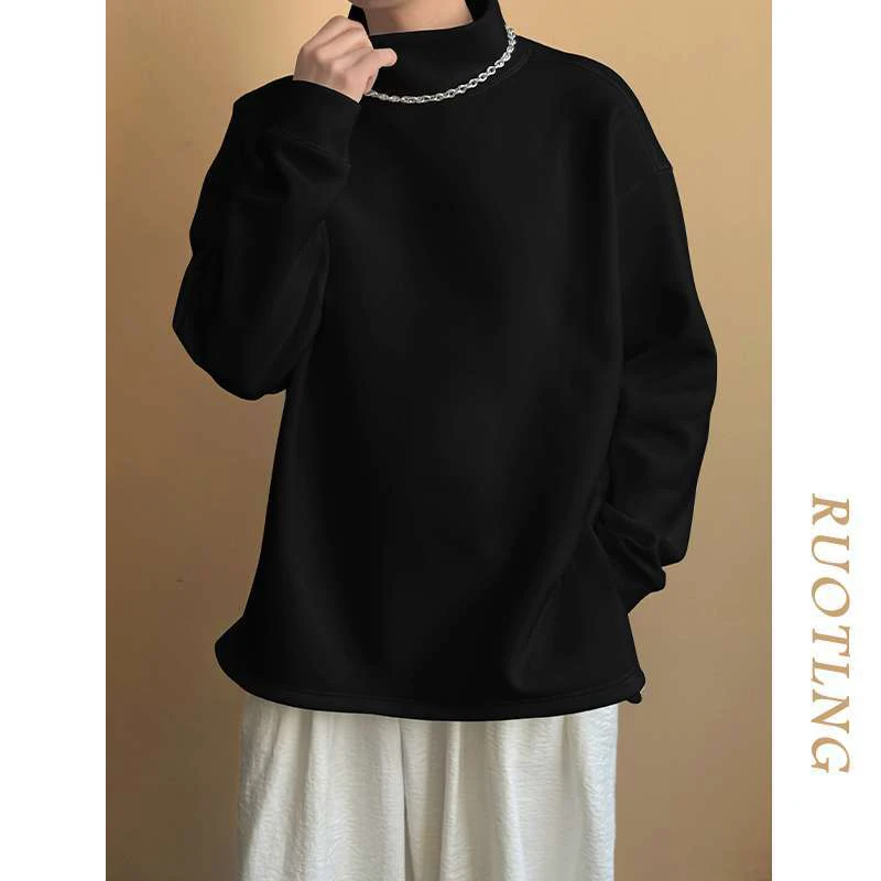 Men Half High Neck Solid Long Sleeve T-Shirt Plus Size Split Hem Autumn Winter Inner Top Hong Kong Style Casual Fashion Tee
