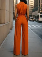 Yeezzi Women Commuter Tied Waist Lapel Jumpsuits High Waisted Sleeveless Buttoned Pockets Urban Casual Straight One-piece Pants - Image 2