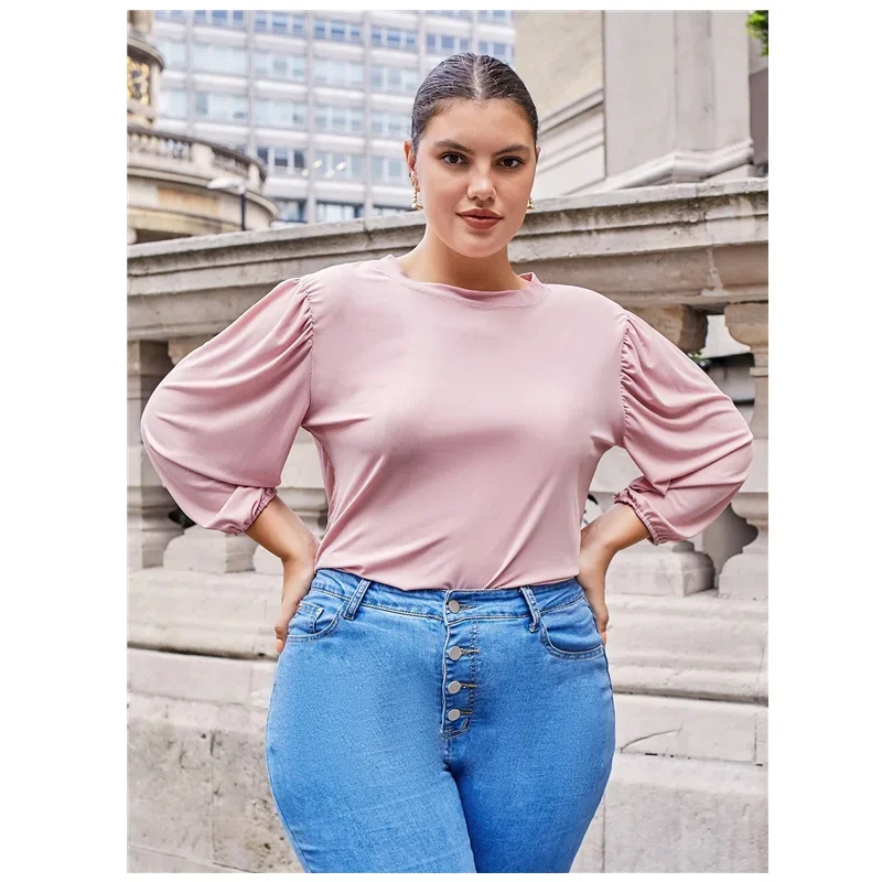 

Plus Size Mock Neck Elegant Fashion Blouse Women Long Puff Sleeve Summer Spring Work Office Top Lady Large Size 5XL 6XL 7XL 8XL