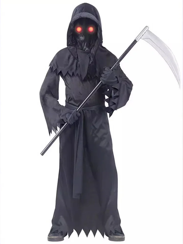 할로윈 의상 공포 롤플레잉 레드 아이 그림 리퍼 코스튬 낫 악마 다크사이드 유령 코스프레 슈트 후드 파티 드레스 장갑