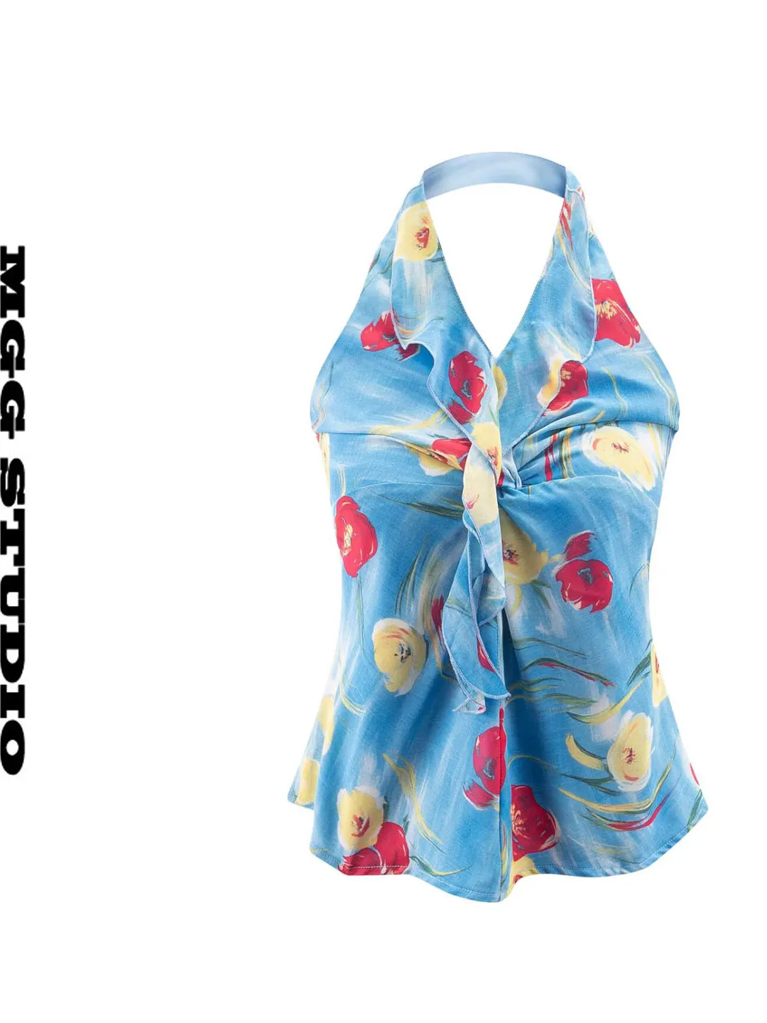 Summer New Style Women's Sleeveless Wrap V-Neck Printed Tank Top Slimming Base Shirt Sexy Backless Hanging Neck Shirt