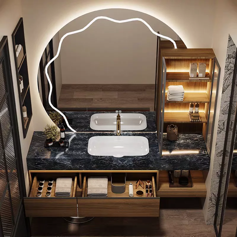 

Mirror Cabinet Hotel Style Bathroom Cabinet Combination Luxury Seamless Ceramic Integrated Basin Rock Slab Toilet Washstand