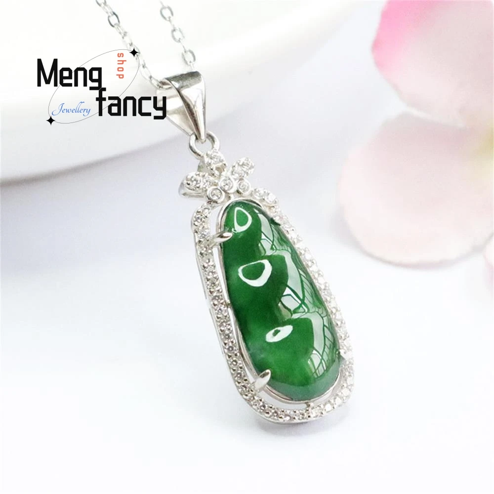 S925 Silver Lnlaid Natural Jadeite Imperial Green Four Season Beans Pendant Exquisite Elegant High-grade Luxury Quality Jewelry