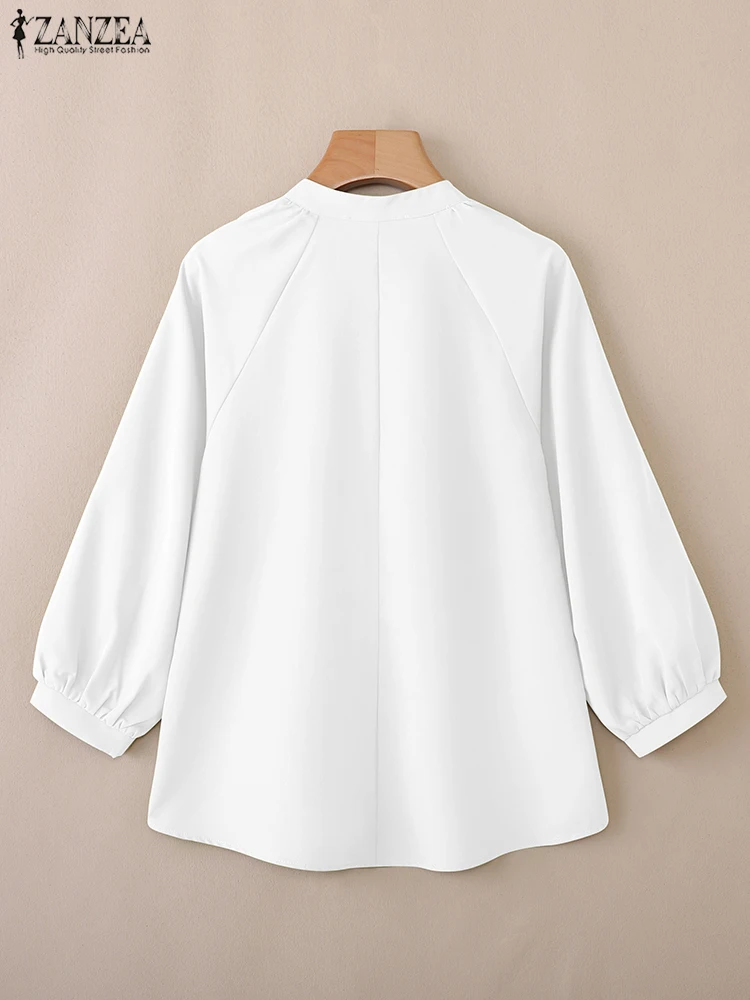 เสื้อเชิ้ตแฟชั่นผู้หญิง ZANZEA ปี 2025 สีพื้น แขน 3/4 เสื้อเบลาส์ลำลอง สไตล์ฤดูใบไม้ร่วง เสื้อทำงานผู้หญิง ดีไซน์หรูหรา ทรงหลวม ติดกระดุม คอวี