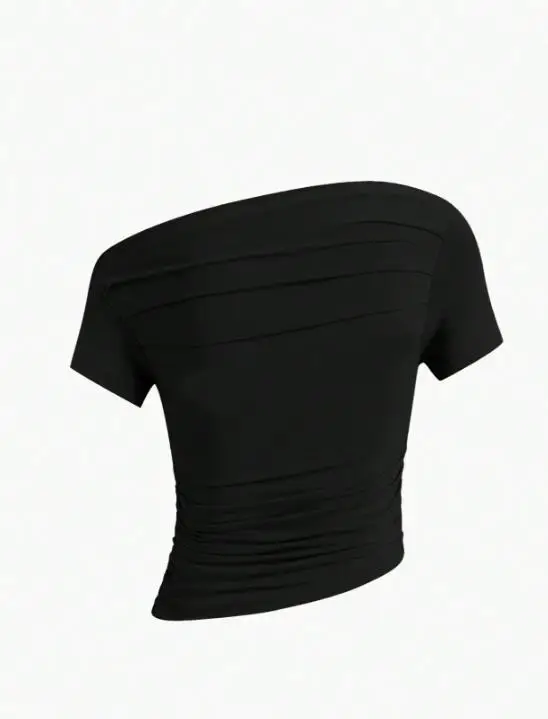 Damen-T-Shirt, 2026, Sommer, schmale Passform, einfarbig, modisches Temperament, schräger Ausschnitt, plissierte Taille, freiliegendes asymmetrisches T-Shirt