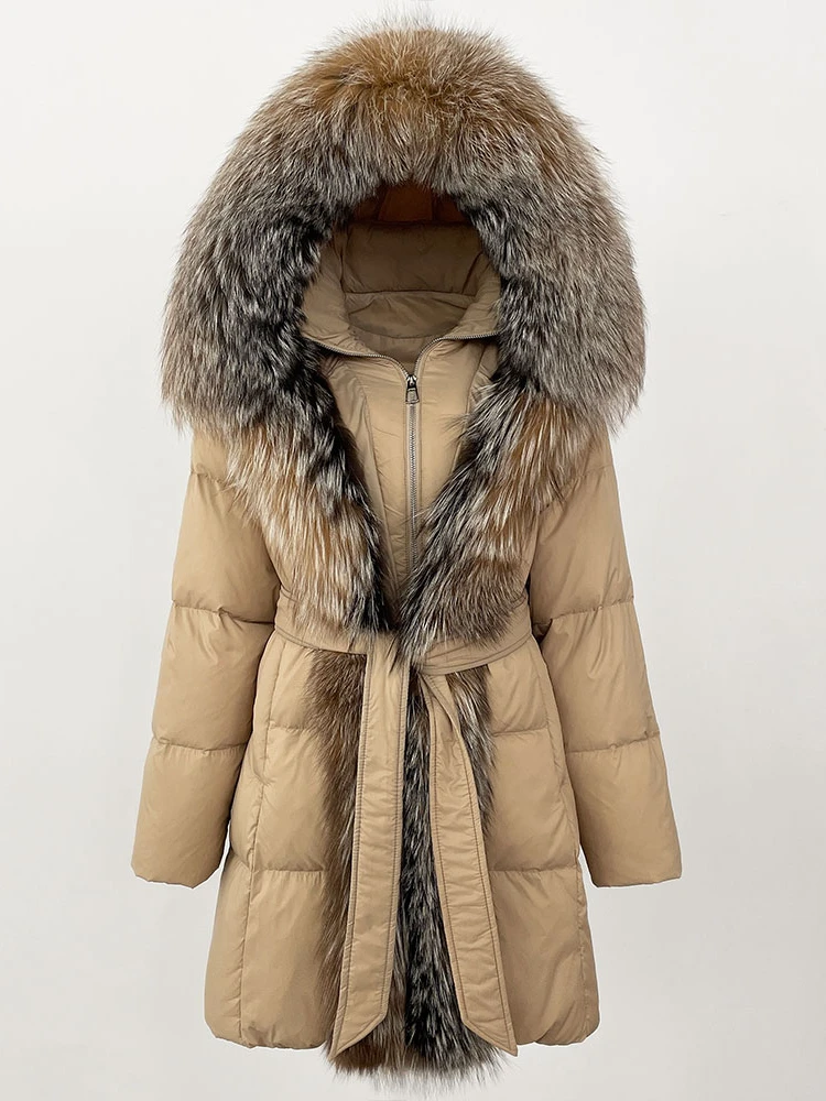2025 inverno grosso quente streetwear casual outerwear jaqueta feminina natural real gola de pele de raposa com capuz pato branco para baixo casaco