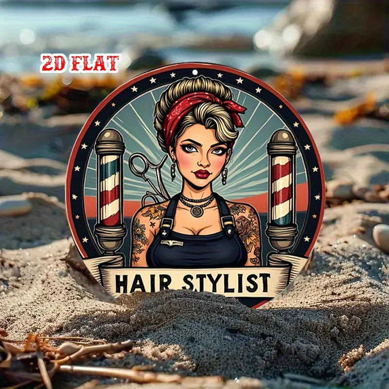 Classic Hair Stylist Pin‑up Girl 2D Flat Tin Wall Sign, Retro Barber Shop Round Metal Art Plaque Salon Business Wall Hanging Orn