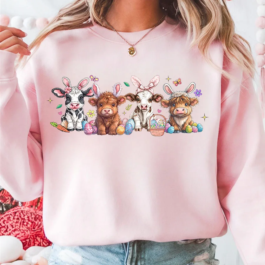 Happy Easter Cute Highland Cow DIY Iron-On Heat Transfer Sticker Decals T-shirts Sweatshirts Bag Clothing Fabric Party Decor