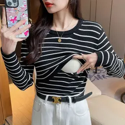 Autumn Winter Thick Warm Striped Knitted Maternity Nursing T-shirts Slim Breastfeeding Sweaters for Pregnant Women Pregnancy Top