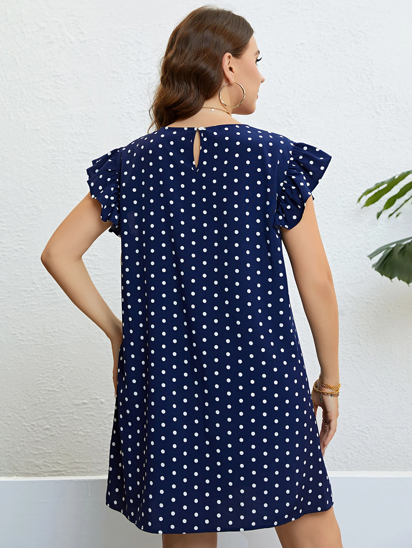 Plus Size Polka Dot rękaw z falbankami letnia sukienka damska 2024 dziurka od klucza z okrągłym dekoltem słodka casualowa damska proste sukienki Mini