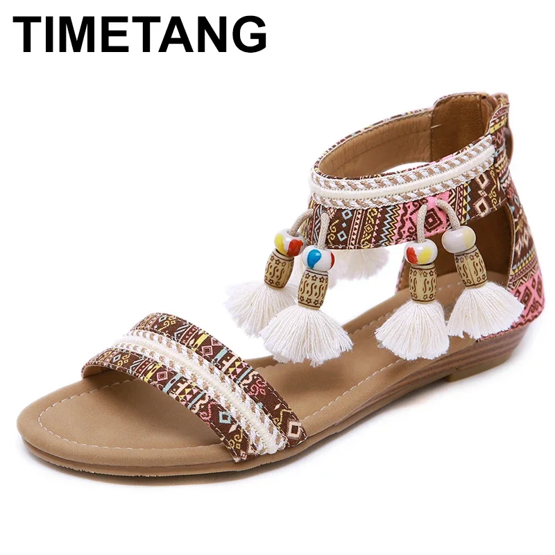 TIMETANGWomen Bohemian Boho Sandals Ethnic Totem Fringe Tassel String Bead Ethnic Sandals Wedge Heel Casual Flat Shoes Plus Size