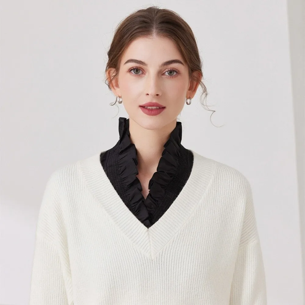 Sweet Removable Fake Collar Solid Color Petal Shape Detachable V-neck Shirt Collar Wrinkled Ruffles Cotton Material False Collar