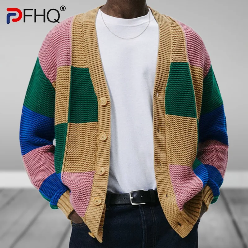 

PFHQ Men's Knitwear Fashion Contrast Color Cardigan Winter 2024 Single Breast Long Sleeve Male Tops New Fashion 21Z5520