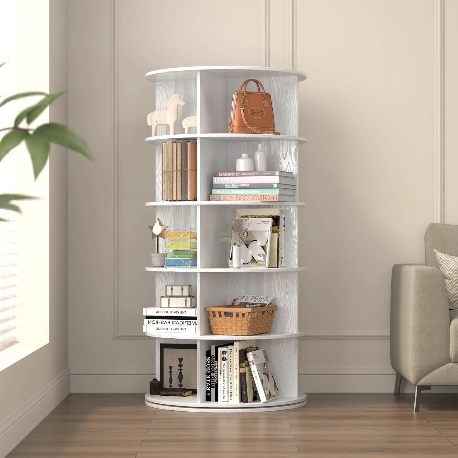 5 Tier Rotating Shoe Rack Tower 360° Spinning 4 Compartments Shoes Bags Toys Entryway Closet Bedroom 47
