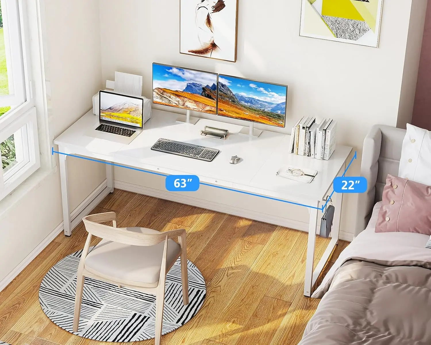 63 Inch Computer Desk For Home Office, Study Writing Table For Small Spaces, Simple Modern Desk With Headpe Hooks, White