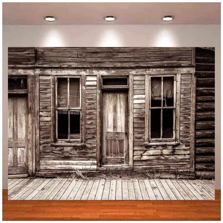 Photography Backdrop Old Wooden House Cabin Rustic Western Farmhouse Farm Barn Shabby Door Windows Wooden Floor Background