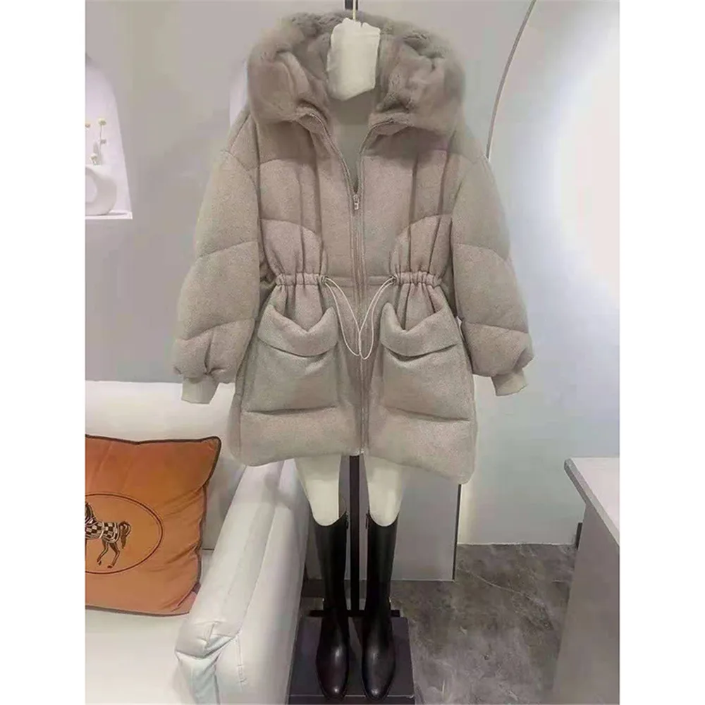 Luxury Casual Style Genuine Mink Fur Decorated Quilted Down Coat  With  Zipper Hooded