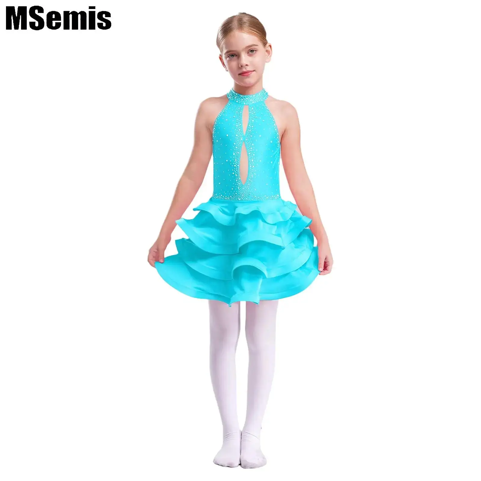 

Kids Girls Latin Tiered Dance Dress Performance Costume Sleeveless Backless Shiny Rhinestones Dress