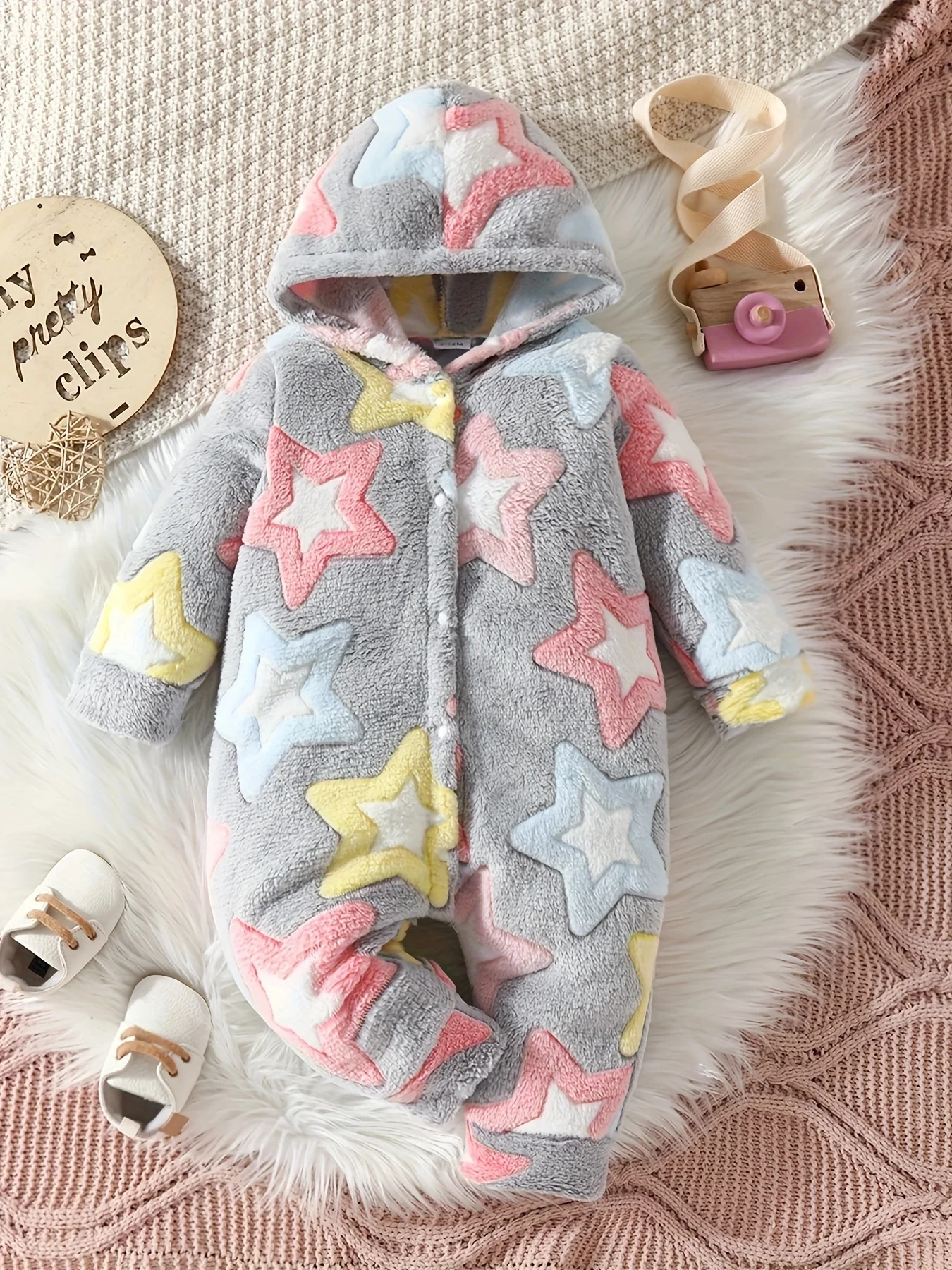 Cute stars autumn and winter furry warm children\'s crawling suit baby plush cute pattern crawling suit