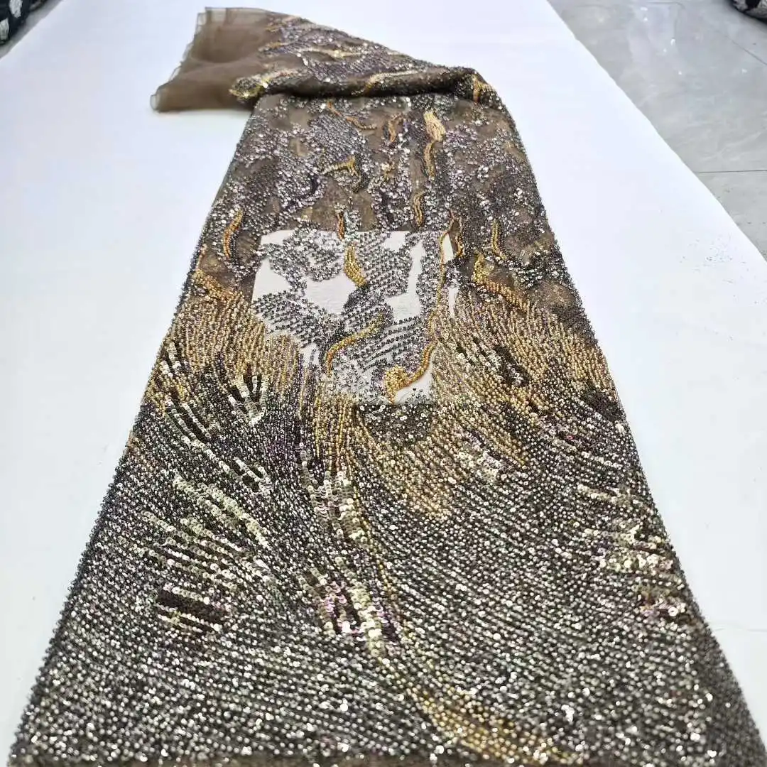 럭셔리 헤비 비즈 레이스 고품질 원단 2025 튤 레이스 원단 패션 최신 스팽글 레이스 아프리카 웨딩 원단 5야드