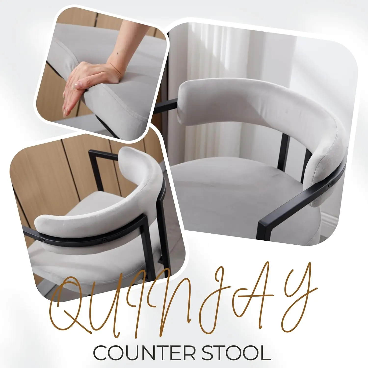 26" Velvet Counter Stools With Back & Metal Legs For Kitchen Island, Set Of 2, Grey, Customized