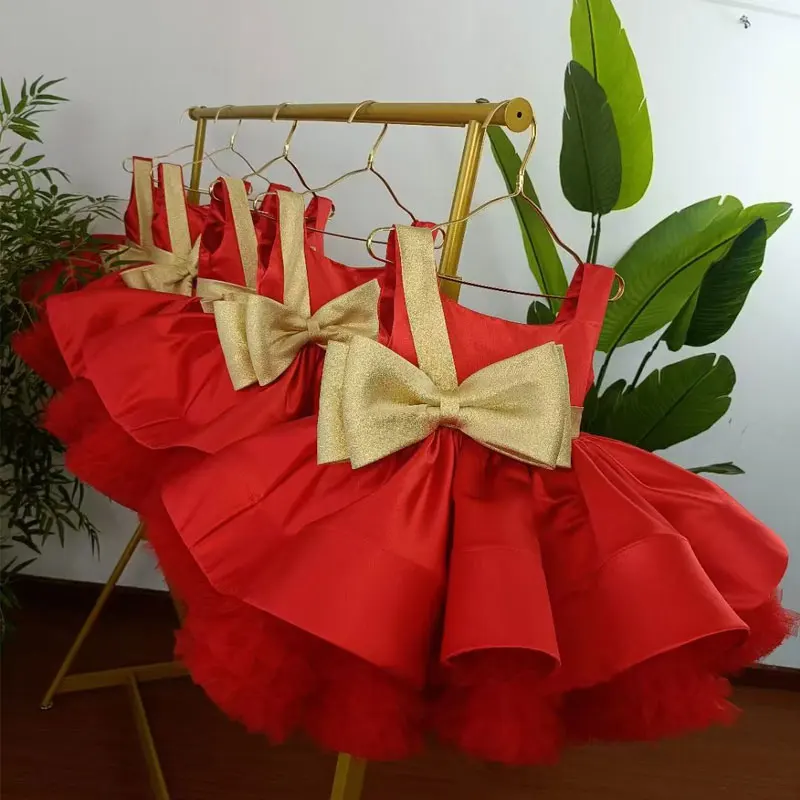 Classic Gold Bow Belt Kids Christmas Dress Red Green Sleeveless Short Ball Gown Flower Girl Birthday Wedding Dresses Customized