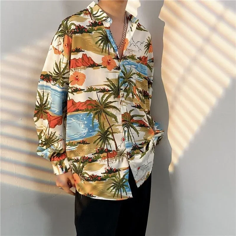 

Hawaiian Beach Shirts Harajuku Vintage Versatile Coconut Print Long Sleeve Aloha Party Holiday Shirt Men Casual Button Down Tops