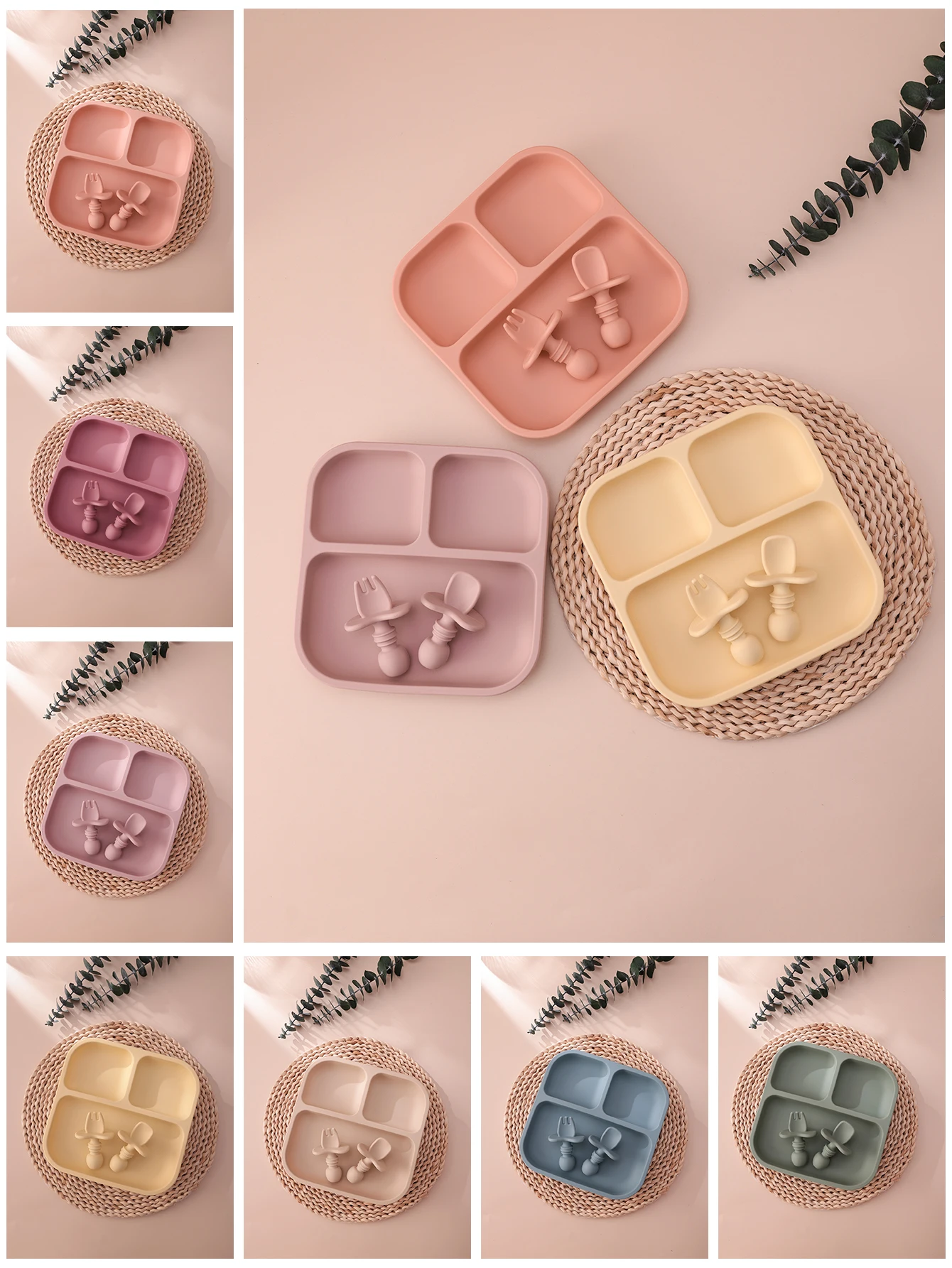 2PCS Colorful Silicone Baby Feeding Set Suction Plates BPA Free Training Spoon Fork Toddler Weaning Tableware Baby Shower Gifts