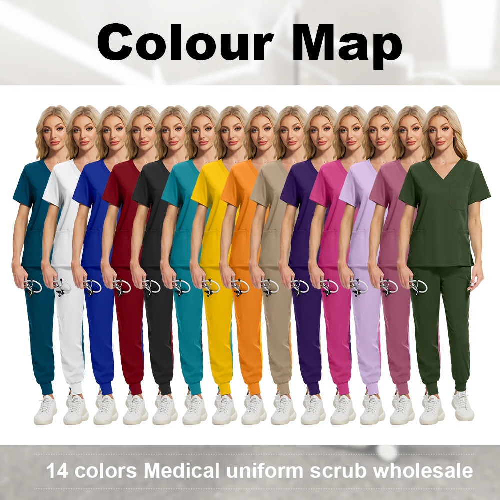 Venta al por mayor de uniformes hospitalarios, artículos médicos de enfermería, batas elásticas de manga corta, conjuntos de pantalones, uniformes, batas de enfermera para mujeres