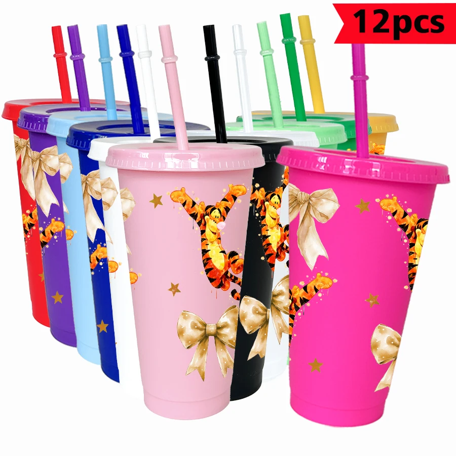 

12 шт./упак., цветной пластиковый стакан Disney Tigger с бантом, 26 унций, посуда для напитков на день рождения, кружка для сока, кофе
