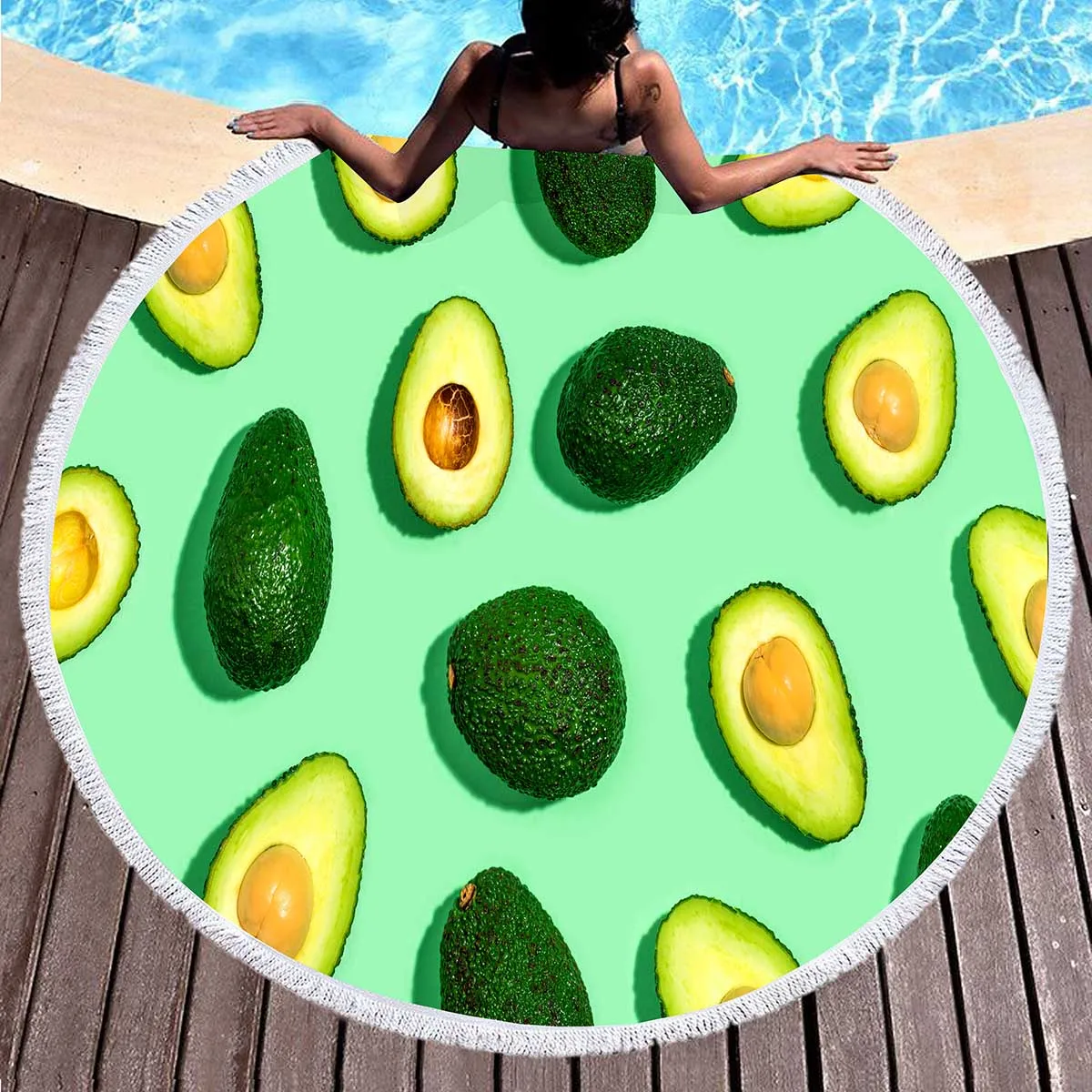 Tropical Fruit Avocado Round Beach Towel Microfiber Boho Round Hawaiian Beach Blanket Sand Proof Circle Swim Towel with Tassels