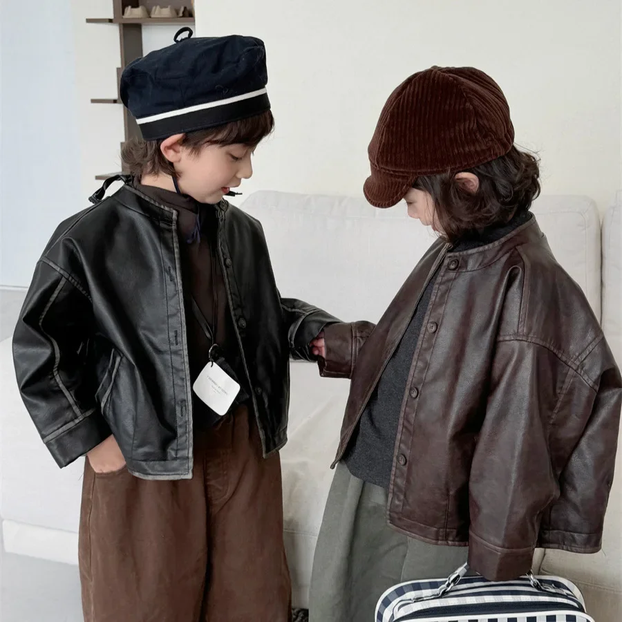 Children Clothes 2026 Autumn Winter New Boy's Leather Coat Cool Boy's Rubbing Leather Jacket Girl's Motorcycle Coat