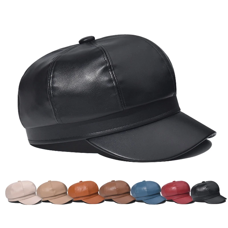 

Octagonal cap Beret Newsboy Caps Ms hat Autumn winter hats Pure color hat PU leather Female Sunscreen Hats Girl's hat