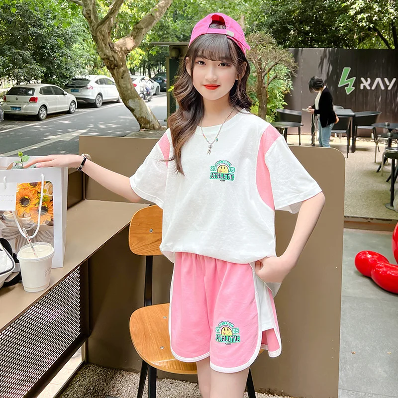 

JUCPKID 2024 Korean Summer School Girl Tracksuit Teenager Girl Printed Cotton T-shirt+Shorts Sets Girls From 4-12 Years Old