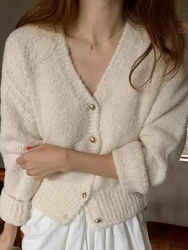 Cardigã de cashmere para mulheres, suéter com gola v, roupas femininas, malhas graciosas, tops coreanos, outono e inverno, nova moda, 2024