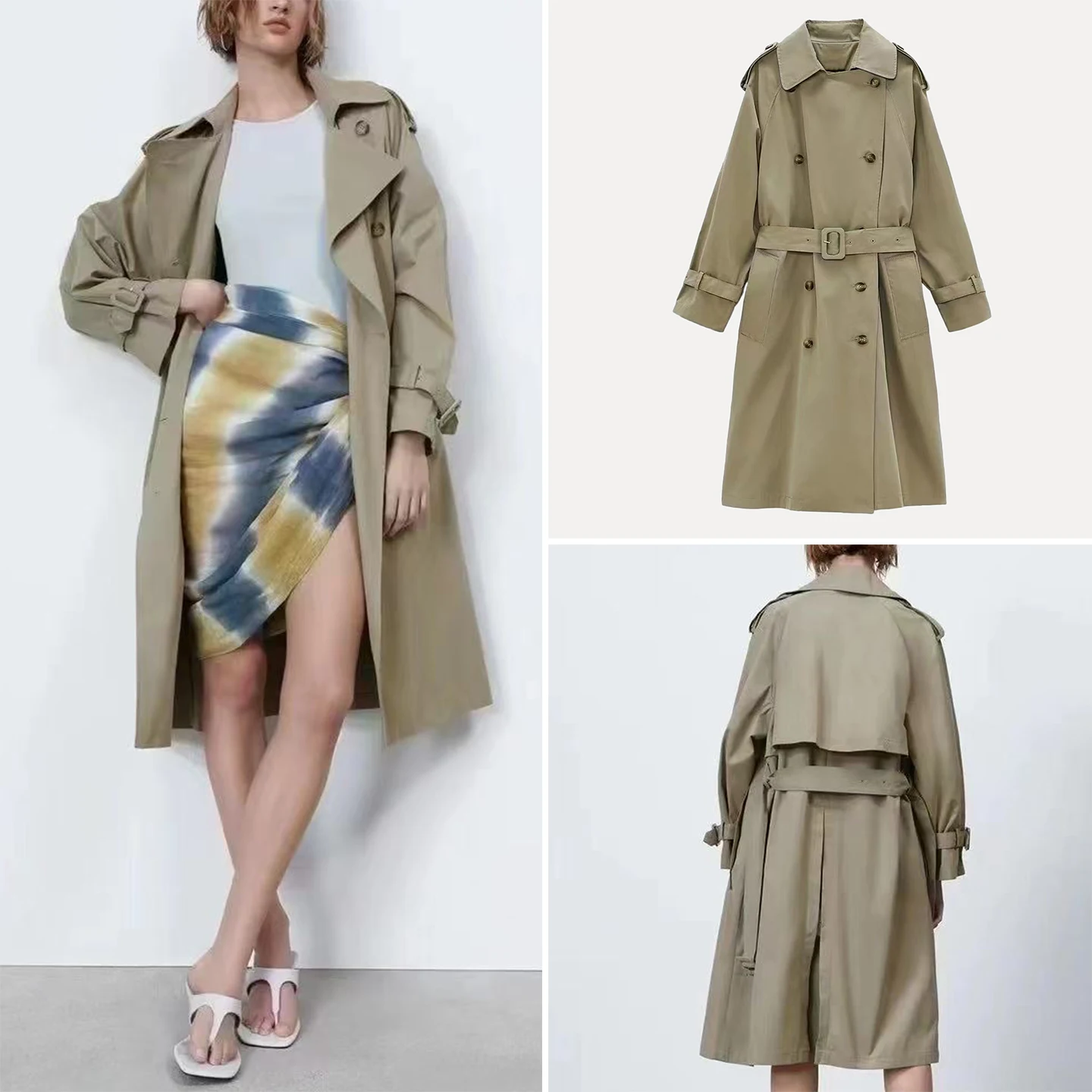 

2025 Summer New Women's Long Belted Double-breasted Coat Polyester Fiber Straight-cut Commute Sle Artistic Pure Color