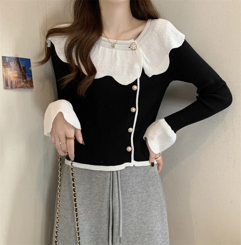 Slim Knitting Short Sweaters Spring Autumn New Long Sleeve Solid Color Button Korean Pullovers Top Fashion Casual Women Clothing