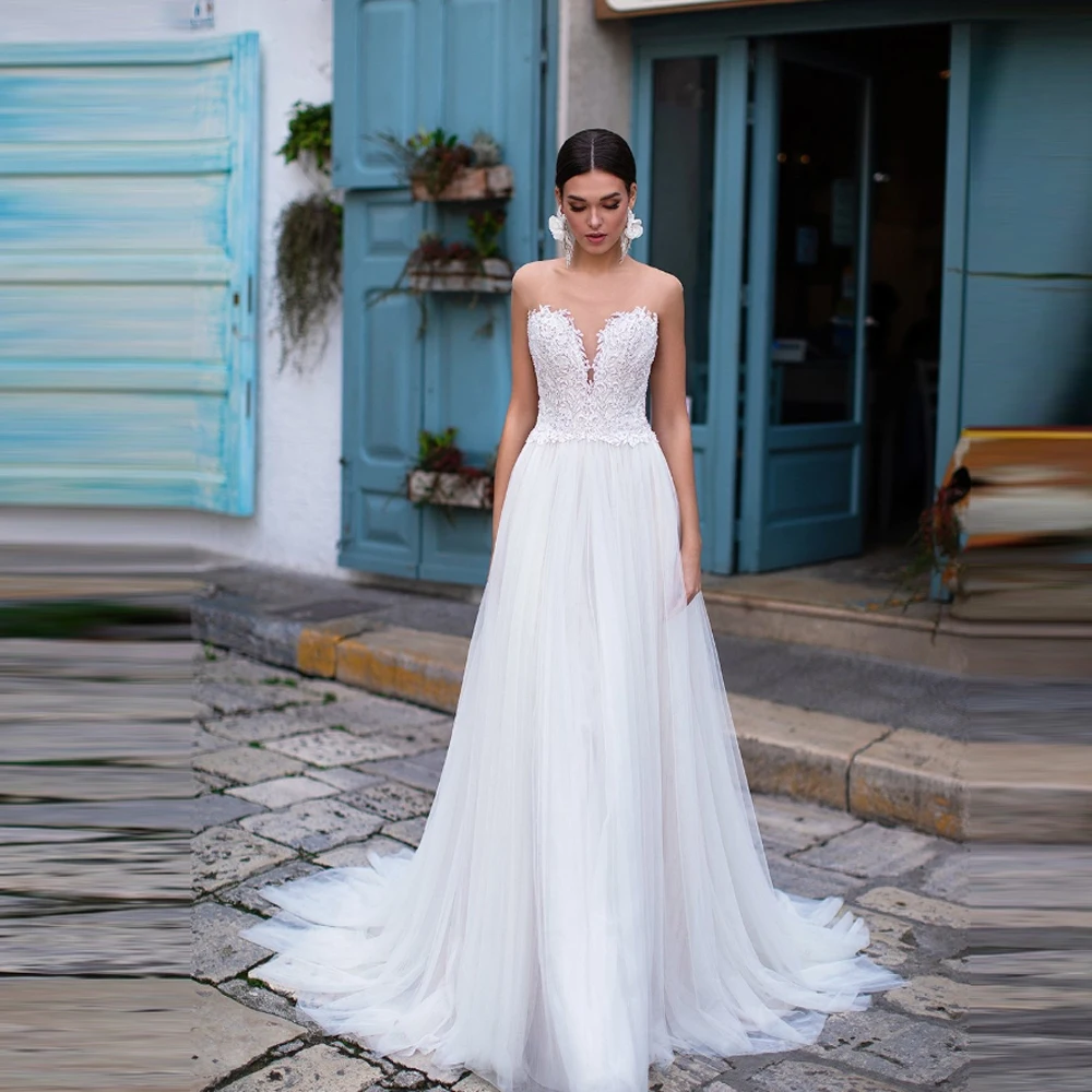 

2025 Elegant V-Neck Women Wedding Dresses Quality Tulle Sleeveless A-Line Bridal Gowns Mopping Length Princess Gowns Customized