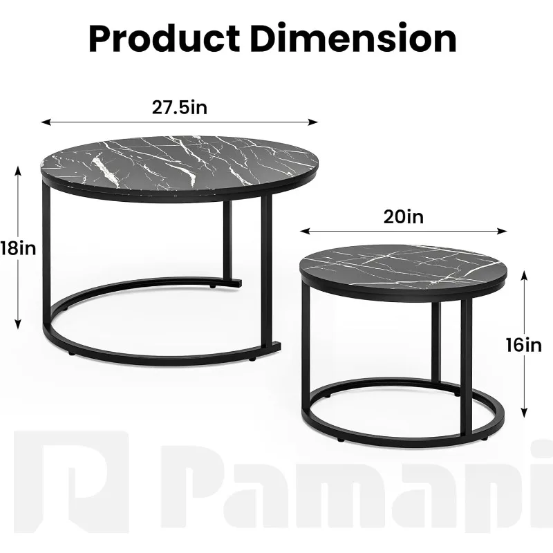 Meja kopi bersarang 27.5 ", Set meja kopi bulat 2, Meja bersarang pola marmer kayu, Meja ujung Modern untuk ruang tamu,