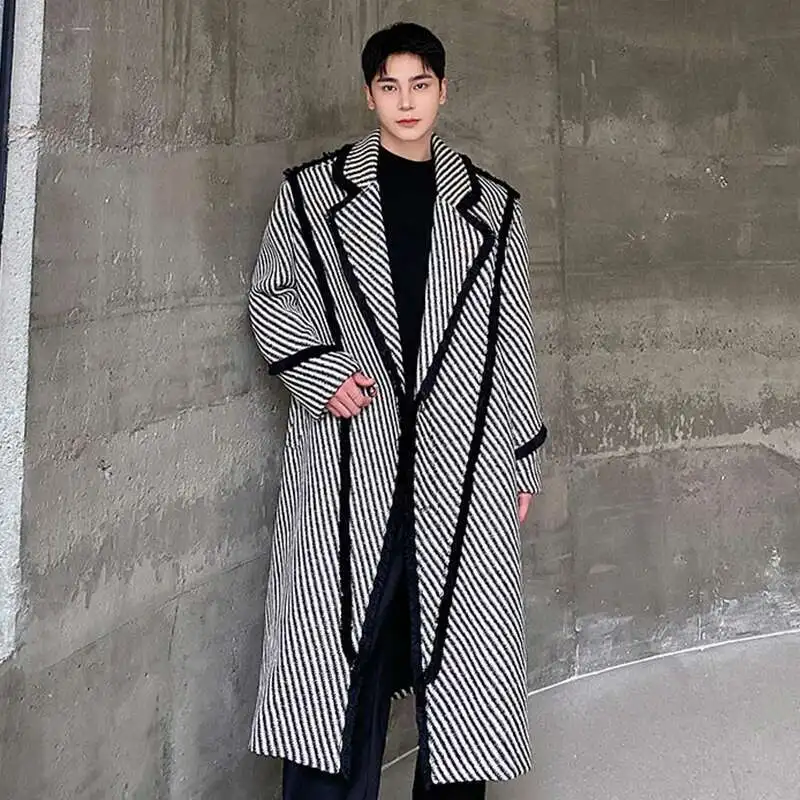 IEFB Winter Men's Woolen Long Coat Thickened Weave Twill Lapel