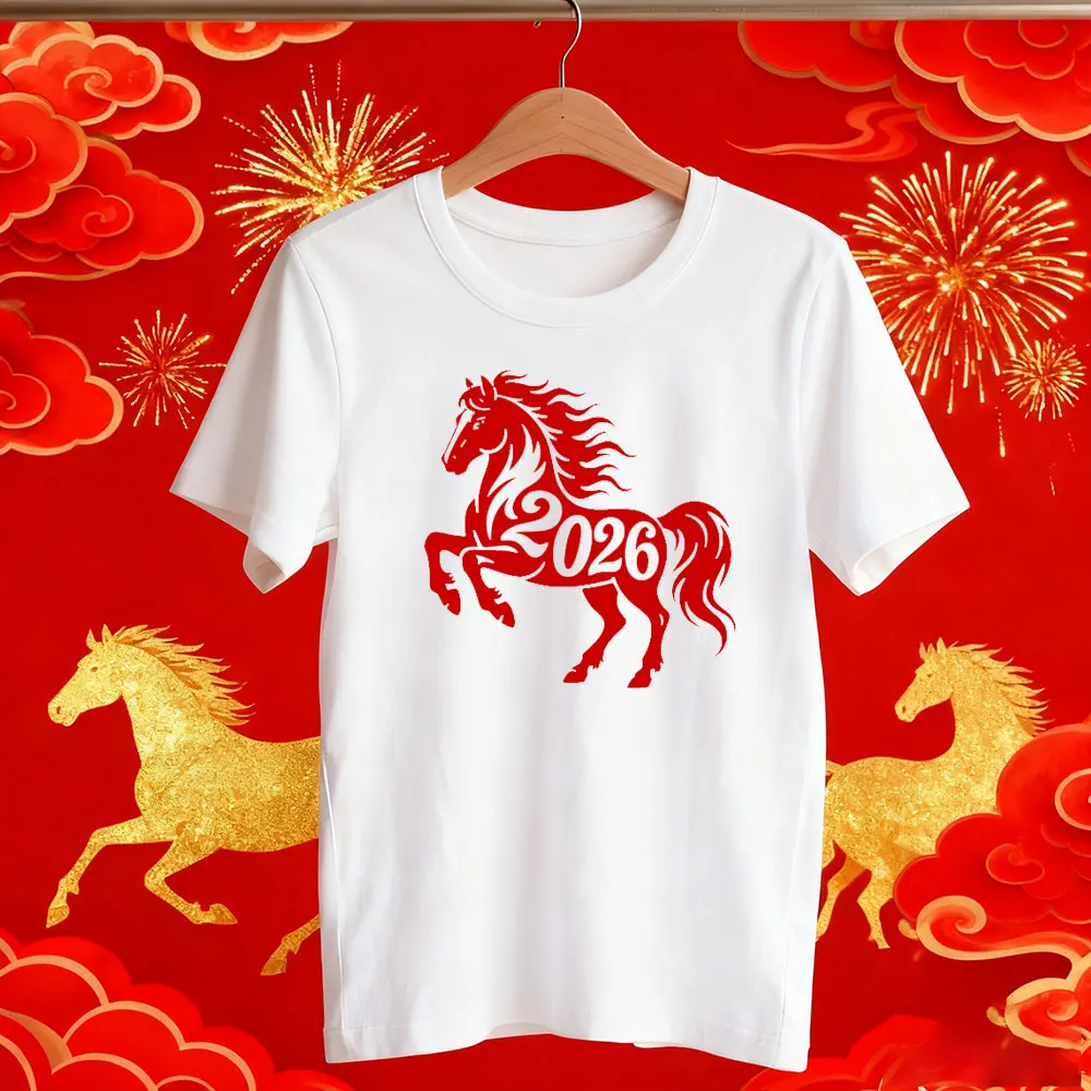 Realistic Horse with Long Tail and Flowing Mane Stallion Reared Up Symbol of 2026 Year Vector Eastern Zodiac Logo Short-sleev