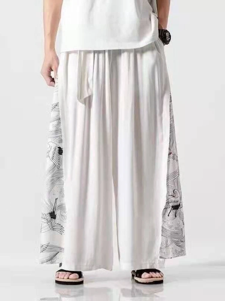 Sommerliche chinesische Eisseide Weite Hosen für Herren mit Taillengürtel, plissiert, lässig, Strand, Oversize, Harajuku Streetwear, Neu, Baumwolle Leinen – Detail 1