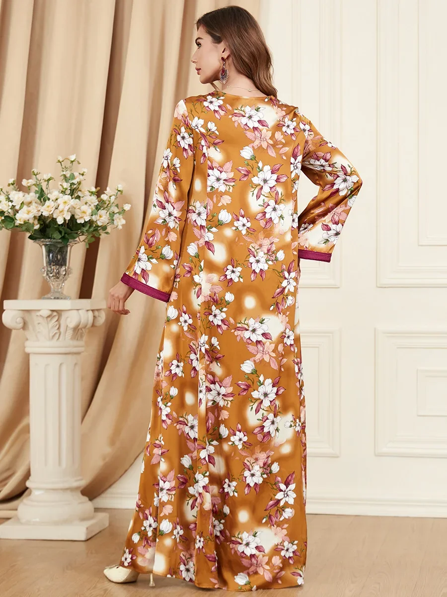 Floral Patchwork Party Dresses for Women Long Sleeve Arabic Dress  V-neck Kaftan Muslim Abayas Dubai Gowns Morocco Evening Dress