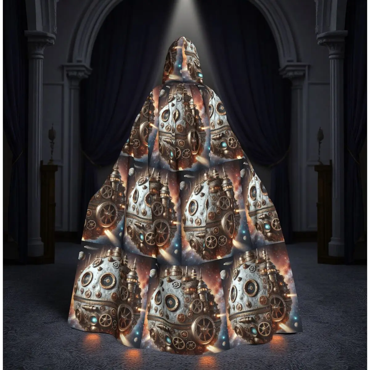 

Длинный плащ-накидка в стиле стимпанк с изображением Луны в космосе, костюм ведьмы, средневековый костюм, косплей, накидка на Хэллоуин, вампир, для взрослых, унисекс