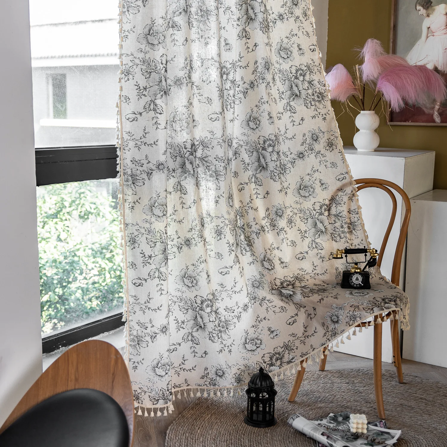 Cotton Linen Ink Peony Flower Curtain Window Curtains for Living Room Short Vintage Farmhouse Deco Tassel Drapes Kitchen Valance